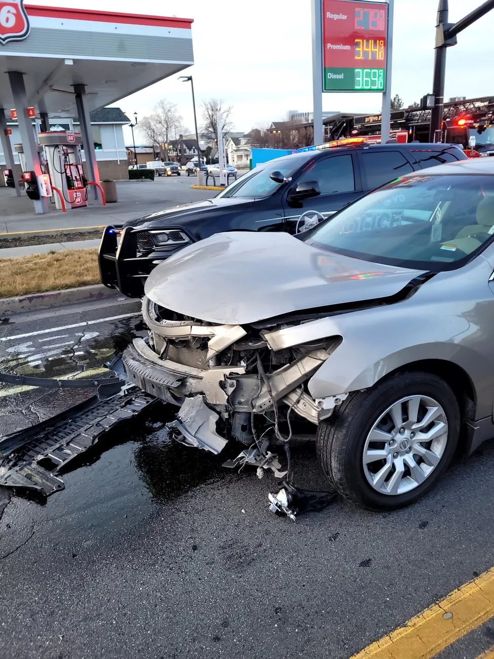 Intersection crash beside a gas station &mdash; businesses and traffic cameras record scenes like this every day.